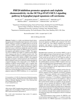 PHF20 Inhibition Promotes Apoptosis and Cisplatin Chemosensitivity Via the OCT4‑P‑STAT3‑MCL1 Signaling Pathway in Hypopharyngeal Squamous Cell Carcinoma