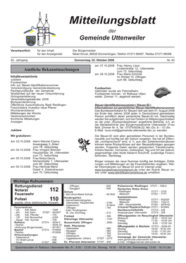 Mitteilungsblatt Der Gemeinde Uttenweiler