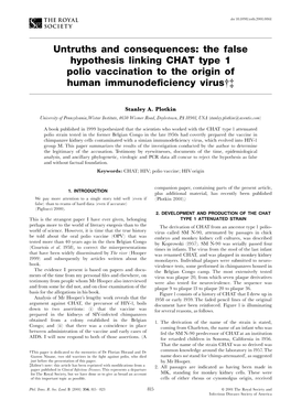 The False Hypothesis Linking CHAT Type 1 Polio Vaccination to the Origin of Human Immunode®Ciency Virus{{