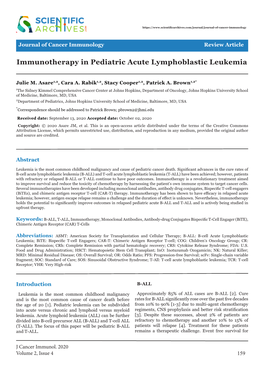 Immunotherapy in Pediatric Acute Lymphoblastic Leukemia