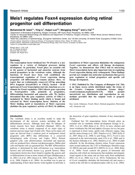 Meis1 Regulates Foxn4 Expression During Retinal Progenitor Cell Differentiation