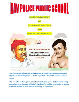 Birth Anniversary of Bal Gangadhar Tilak and Chandra Shekhar Azad