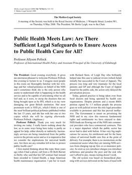 Public Health Meets Law: Are There Sufficient Legal Safeguards to Ensure Access to Public Health Care for All?