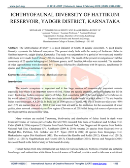 Ichthyofaunal Diversity of Hattikuni Reservoir, Yadgir District, Karnataka