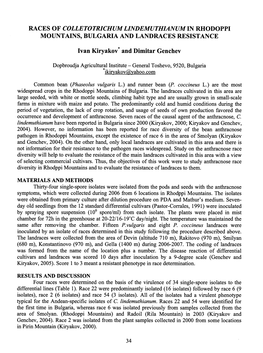 Races of Colletotrichumlindemuthianumin Rhodoppi Mountains, Bulgaria and Landraces Resistance