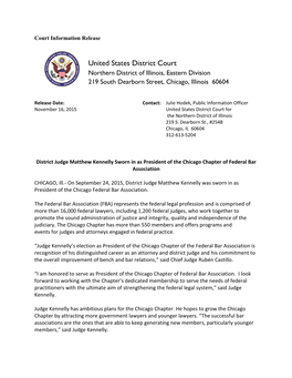 CHICAGO, Ill.- on September 24, 2015, District Judge Matthew Kennelly Was Sworn in As President of the Chicago Federal Bar Association