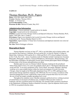 Thomas Sheehan, Ph.D., Papers, 1959-2001, Box #, Folder