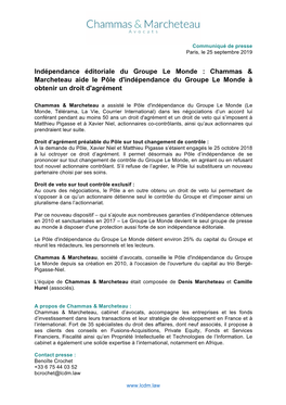 Indépendance Éditoriale Du Groupe Le Monde : Chammas & Marcheteau Aide Le Pôle D'indépendance Du Groupe Le Monde À Obtenir Un Droit D'agrément