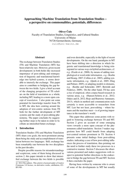 Approaching Machine Translation from Translation Studies – a Perspective on Commonalities, Potentials, Differences