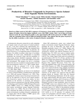 Productivity of Bioactive Compounds in Streptomyces Species Isolated from Nagasaki Marine Environments