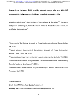 Interactions Between TULP3 Tubby Domain Cargo Site and ARL13B Amphipathic Helix Promote Lipidated Protein Transport to Cilia