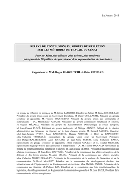 Relevé De Conclusions Du Groupe De Réflexion Sur Les Méthodes De Travail Du Sénat