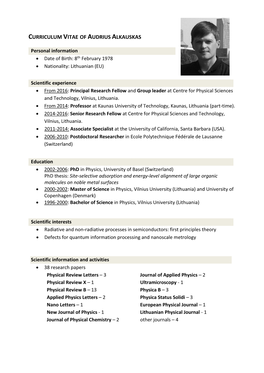 Curriculum Vitae of Audrius Alkauskas