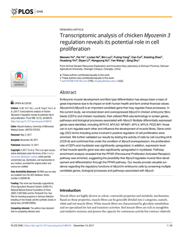 Transcriptomic Analysis of Chicken Myozenin 3 Regulation Reveals Its Potential Role in Cell Proliferation