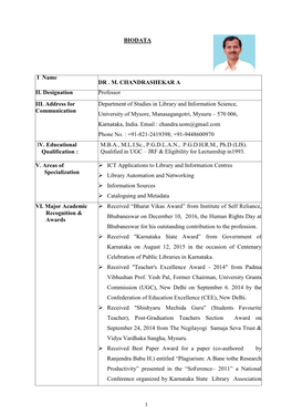 BIODATA I Name DR . M. CHANDRASHEKAR a II