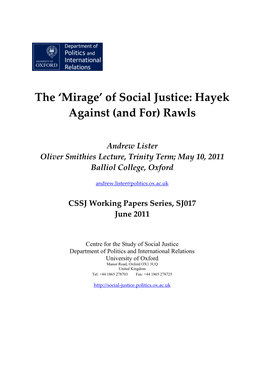 The 'Mirage' of Social Justice: Hayek Against (And For) Rawls