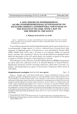 Ectoparasitic on Ascalapha Odorata (Lepidoptera: Noctuidae) in the Hawaiian Islands, with a Key to the Species in the Genus1