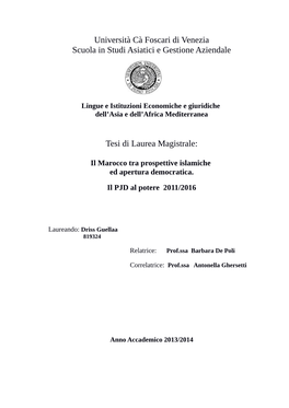 Università Cà Foscari Di Venezia Scuola in Studi Asiatici E Gestione Aziendale Tesi Di Laurea Magistrale