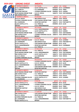 2020-2021 GIRONE OVEST ANDATA 1^GIORNATA ANDATA 16-17/Ott/20 Giorno Ora Campo A.S.D