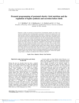 Prenatal Programming of Postnatal Obesity: Fetal Nutrition and the Regulation of Leptin Synthesis and Secretion Before Birth