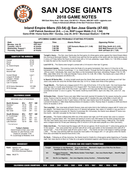 2018 GAME NOTES 588 East Alma Ave Ÿ San Jose, CA 95112 Ÿ Phone: 408-297-1435 Ÿ Sjgiants.Com Class a Advanced Affiliate of the San Francisco Giants