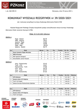 KOMUNIKAT WYDZIAŁU ROZGRYWEK Nr 39/2020/2021