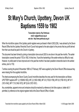 Upottery Baptisms 1559-1902