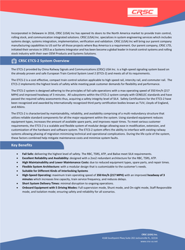 CRSC ETCS-2 System Overview Key Benefits