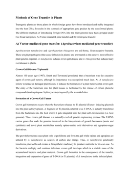 Methods of Gene Transfer in Plants A) Vector-Mediated Gene Transfer: (Agrobacterium-Mediated Gene Transfer)