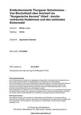 Entdeckenswerte Thurgauer Geheimnisse : Von Bischofszell Über Amriswil Ins "Thurgauische Ascona" Uttwil : Durchs Verträumte Hudelmoos Und Den Schönsten Eichenwald