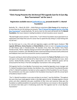 “Chris Young Presents the 3Rd Annual Th3 Legends Cast for a Cure Big Bass Tournament” Set for June 1