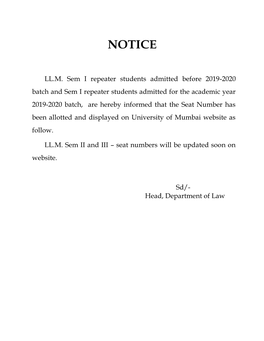 Notice for Sem I with Seat Number