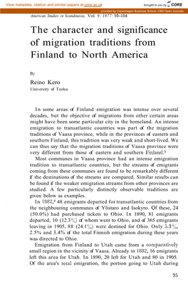 The Character and Significance of Migration Traditions from Finland to North America