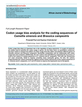 Codon Usage Bias Analysis for the Coding Sequences of Camellia Sinensis and Brassica Campestris