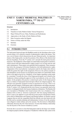 Unit 5 Early Medieval Polities in North India, 7Th to 12Th