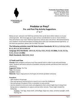 Predator Or Prey? Pre- and Post-Trip Activity Suggestions 4Th & 5 Th