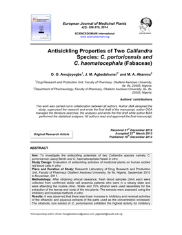 Antisickling Properties of Two Calliandra Species: C