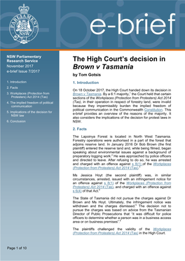 The High Court's Decision in Brown V Tasmania