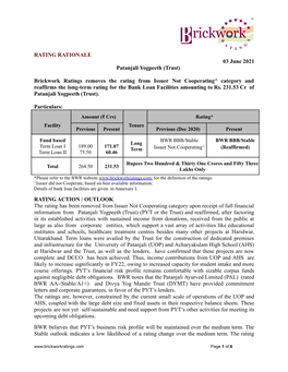 RATING RATIONALE 03 June 2021 Patanjali Yogpeeth (Trust)