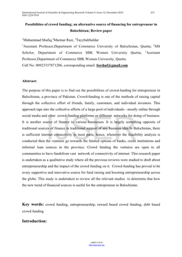 Possibilities of Crowd Funding; an Alternative Source of Financing for Entrepreneur in Balochistan; Review Paper