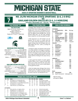 NO. 25/RV MICHIGAN STATE SPARTANS (6-0, 2-0 B1G) VS OAKLAND GOLDEN GRIZZLIES (3-3, 3-1 HORIZON) 7 Tuesday, December 22 • 12 P.M