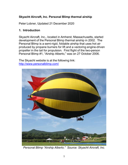 Skyacht Aircraft, Inc. Personal Blimp Thermal Airship Peter Lobner, Updated 21 December 2020 1. Introduction Skyacht Aircraft