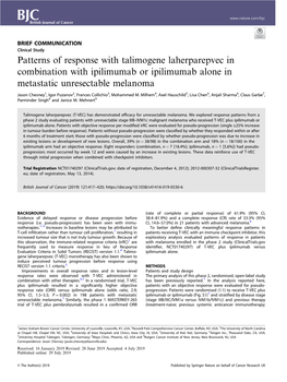 Patterns of Response with Talimogene Laherparepvec in Combination with Ipilimumab Or Ipilimumab Alone in Metastatic Unresectable Melanoma