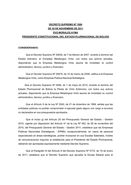 Decreto Supremo Nº 1090 De 30 De Noviembre De 2011 Evo Morales Ayma Presidente Constitucional Del Estado Plurinacional De Bolivia