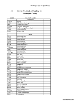 Okanogan County Wildlife Species List