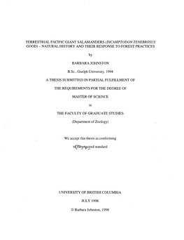 Terrestrial Pacific Giant Salamanders (Dicamptodon Tenebrosus Good) - Natural History and Their Response to Forest Practices