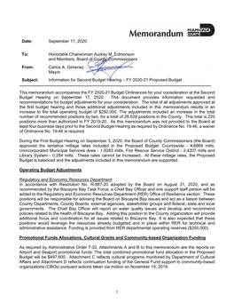 This Memorandum Accompanies the FY 2020-21 Budget Ordinances for Your Consideration at the Second Budget Hearing on September 17, 2020