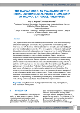 An Evaluation of the Rural Environmental Policy Framework of Malvar, Batangas, Philippines