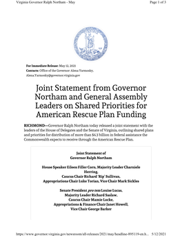 Joint Statement from Governor Northam and General Assembly Leaders on Shared Priorities for American Rescue Plan Funding
