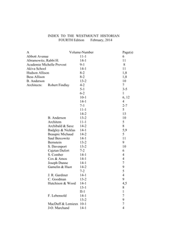 INDEX to the WESTMOUNT HISTORIAN FOURTH Edition February, 2014